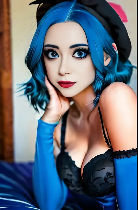 arafed woman with blue hair and black stockings laying on a bed, beautiful blue haired girl, pretty girl with blue hair, belle delphine, with blue hair, dark goth queen with blue eyes, anime girl cosplay, dark blue hair, blue piercing eyes, with blue skin,...