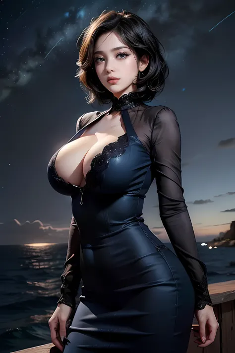 ((masterpiece,best quality, detailed)), cowboy shot, (1girl:1.2), solo,((35 year mature woman)), extremely realistic female eye,((blue eyes))((red lipstick)),((woman in makeup))short hair, black hair,((Very Intense Makeup))(seductive smile:1.3), huge breas...