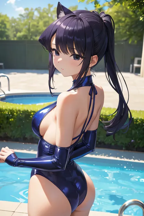 (1girl)(master detailed anime)(master quality)(RAW Photos))(8K)(Realistic, photo Realistic:1.2), ((Highest quality))(Komi Shouko)(naked)(Purple Hair)(shine eyes)(Detailed eyes)(Detailed eyes)(smile)(Perfect petite body line)(Poolside)(gymnast)(blue leotard...