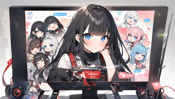 手を振る、悲しい、I play at music habs、iDOL、Japanese sword、rifle、gun、Virtual Character Design,Black Hair、blunt bangs、Straight Hair, face, Modern design, 1 female,Sexy concept, 
A Vtuber livestream scene featuring a Japanese Vtuber with long black hair and blue eyes...