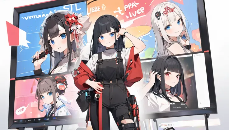 手を振る、悲しい、I play at music habs、iDOL、Japanese sword、rifle、gun、Virtual Character Design,Black Hair、blunt bangs、Straight Hair, face, Modern design, 1 female,Sexy concept, 
A Vtuber livestream scene featuring a Japanese Vtuber with long black hair and blue eyes...