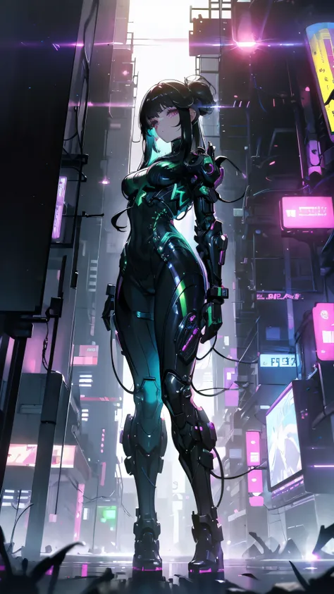 nice, solitary, 1 female, medium length hair, white hair, rainbow hair, purple eyes, white clothes, futuristic, cyberpunk, cyber...