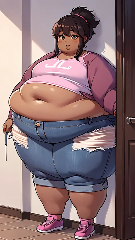 Extremely obese African-American woman, belly hanging, ((extremely obese)), belly sagging, wearing a pink crop top with long sleeves and loose jeans, (dark brown skin), fat blob, fat arms, fat face, fat limbs