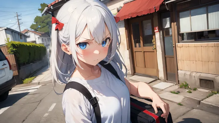 holding food bags, One girl, masterpiece, Shortcuts, white Hair, blue eyes,  Wide-angle shot, Food delivery Person, Baggage, food delivery, looking at viewer, cold expression, angry, upset, tsundere girl