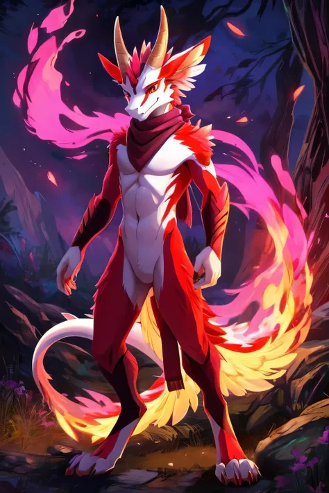 (anime), (front facing), (looking at the camera), slim furry white fire dragon, magenta fire magic, secondary body colors, (magenta, red and orange undertones), long muzzle, neck and tail fur, digitigrade, creative horns, feathers, (wearing only a scarf), ...