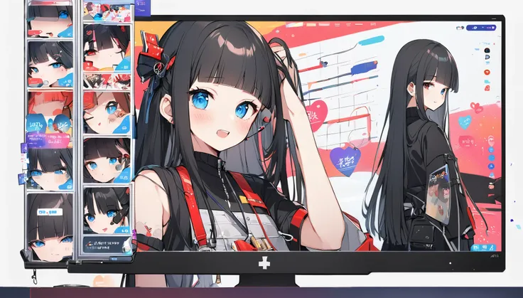 手を振る、悲しい、アヘガオ、I play at music habs、iDOL、Japanese sword、rifle、gun、Virtual Character Design,Black Hair、blunt bangs、Straight Hair, face, Modern design, 1 female,Sexy concept, 
A Vtuber livestream scene featuring a Japanese Vtuber with long black hair and blue...