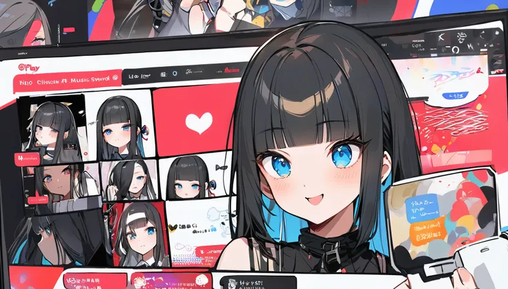 手を振る、悲しい、アヘガオ、I play at music habs、iDOL、Japanese sword、rifle、gun、Virtual Character Design,Black Hair、blunt bangs、Straight Hair, face, Modern design, 1 female,Sexy concept, 
A Vtuber livestream scene featuring a Japanese Vtuber with long black hair and blue...