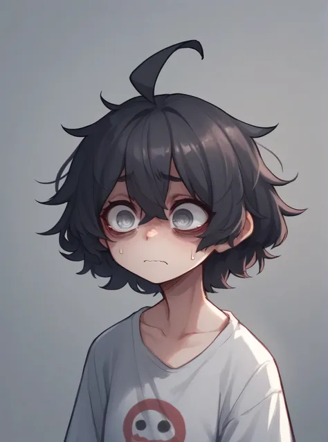 1 girl, alone, ppka, black fur, short hair, messy fur, Ahoge, parts, parts por todo el cuerpo, grey eyes, blind eyes, kind eyes, nervous, 