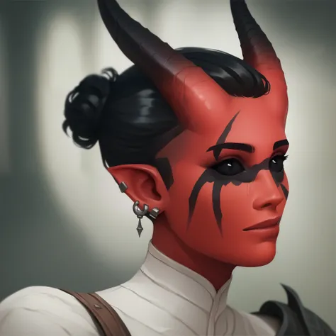 (((beautiful, high quality))), portrait, score_9, score_8_up, score_7_up, Tiefling, pointed pierced ears, black horns, black eyes, black sclera, androgynous, 1girl, masculine, red skin, shaved sides, man bun, black hair, black eyes, black face paint, scars...