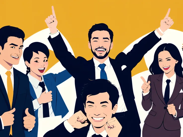 Create an illustration of a group of men and women wearing business suits, all making a triumphant fist pump gesture. The characters should have a professional yet enthusiastic appearance, with big smiles and confident postures. The setting should be simpl...