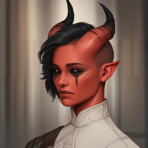 (((beautiful, high quality))), portrait, score_9, score_8_up, score_7_up, Tiefling, pointed ears, (black horns), black eyes, black sclera, androgynous, 1girl, masculine, red skin, shaved sides, man bun, black hair, (black eyes), black face paint, scars, fr...