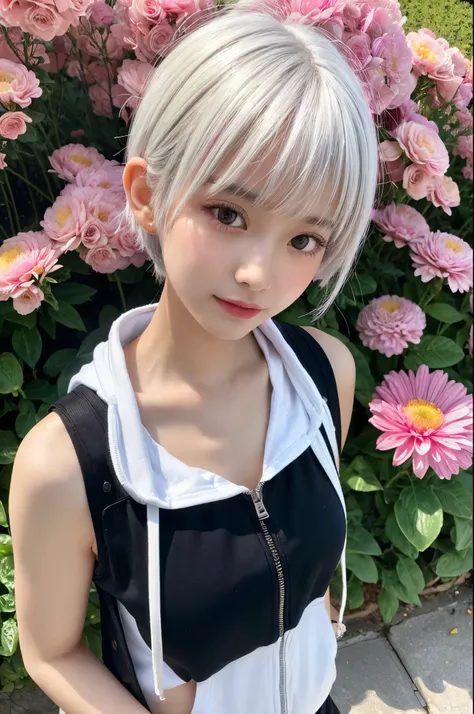 With lots of bouquets、masterpiece, Highest quality, Very detailed, 8k, Realistic, One Girl, alone, Tomboy, Very detailed face, (head shot:1.5), Standing in a colorful flower field, Pixie cut white hair, He is wearing a short tank top and an open-zipped hoo...