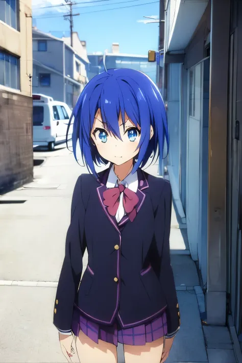 1girl, 2000s anime style, short spiky pixie cut cobalt blue hair, dark blue eyes, cute :3 expression, peace sign gesture, school uniform, pale skin, vibrant colors, dynamic pose, outside