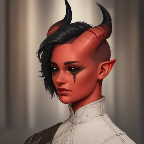 (((beautiful, high quality))), portrait, score_9, score_8_up, score_7_up, Tiefling, pointed ears, (black horns), black eyes, black sclera, androgynous, 1girl, masculine, red skin, shaved sides, man bun, black hair, (black eyes), black face paint, scars, fr...