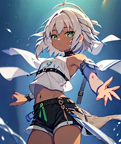 1 person、short hair、About the height of a middle school student、、cute、White T-shirt、Black shorts、Gray Hair、Green Eyes、Shota、chest（0.5)、Brown skin、Dark skin