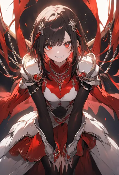 A full-body image of a young girl with long black hair and striking red eyes, standing in a friendly and welcoming pose, smiling brightly at the viewer. She wears a predominantly red outfit, consisting of a short red skirt and a matching top that enhance h...