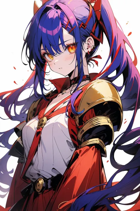 anime style, female character, (((red clothes))), (((blue hair))), hair loose in the front and tied back, purple choker around the neck, (((yellow eyes))), red armor, purple details on the armor, white shirt underneath the armor, purple pendant in the hair...