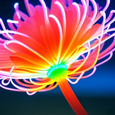 a close up of a flower with neon lights on it, radiating atomic neon corals, twirling glowing sea plants, harmony of neon glowing coral, neon color bioluminescence, neon bioluminescence, filled with bioluminescence, purple and blue neons, neon jellyfish, g...