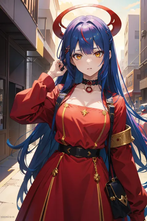 anime style, female character, (((red clothes))), (((blue hair))), hair loose in the front and tied back, purple choker around the neck, (((yellow eyes))), red armor, purple details on the armor, white shirt underneath the armor, purple pendant in the hair...