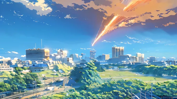 High definition、high resolution、Masterpiece、Osaka Castle collapses、Tsutenkaku Tower is destroyed、blue sky、City、explosion、City、fire、Gazing from afar、Makoto Shinkai style、