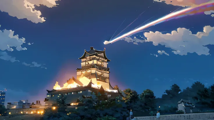 High definition、high resolution、Masterpiece、Osaka Castle collapses、Tsutenkaku Tower is destroyed、blue sky、City、explosion、City、fire、Gazing from afar、Makoto Shinkai style、