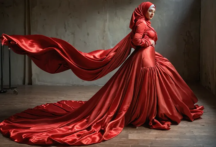 A woman shrouded in a 10-meter-long, plush red satin cloth, ballon sleeves, tightly bound and grandly draping along the form of her body, flowing off into a pooled floor-length train, styled in a mermaid-inspired outfit, her head modestly veiled in a satin...