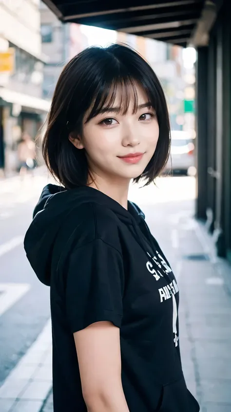 (Highest quality,masterpiece:1.3,Ultra-high resolution),(Very detailed,Caustics,8k),(Realistic:1.4,RAW shooting),1 girl,(Looking to the left and smiling),Side Shot,20-year-old,cute,Japanese,Short black hair,hoodie,Inner shirt,big ,Bust up shot,street,Face ...