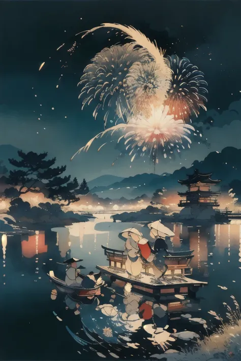 masterpiece,Highest quality,Cute Ukiyo-e,night,firework,Landscape painting,