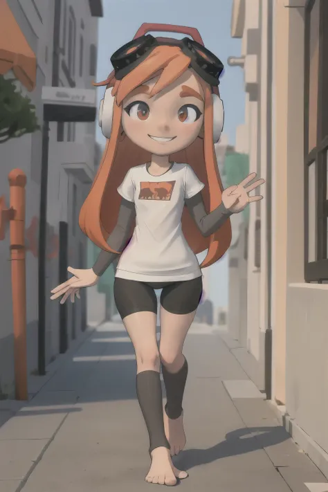 masterpiece, best quality, meggy, headphones, goggles on head, white shirt, layered sleeves, spandex shorts, orange stockings, bare feet, smile, city street 