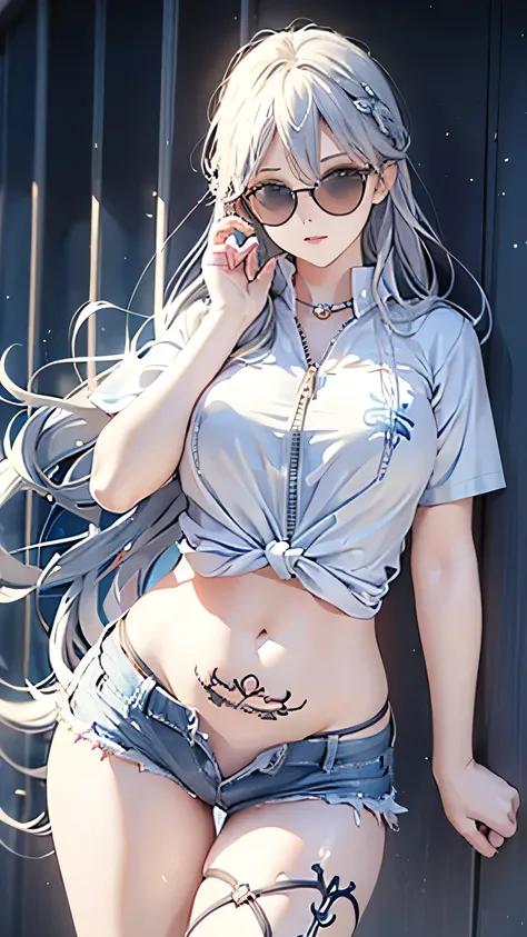 Glass-colored semi-transparent knotted short sleeves，Plump thighs，Open crotch denim shorts，The zipper is broken，Blue and white spiral long hair，Leg decoration，Hair is soaked，Belly tattoo，sunglasses