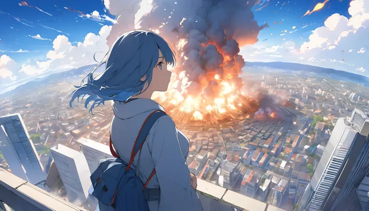 High definition、high resolution、Masterpiece、Japanese castles collapse、blue sky、City、Osaka City、Big Explosion、City、fire、Woman gazing in the distance、Makoto Shinkai style、