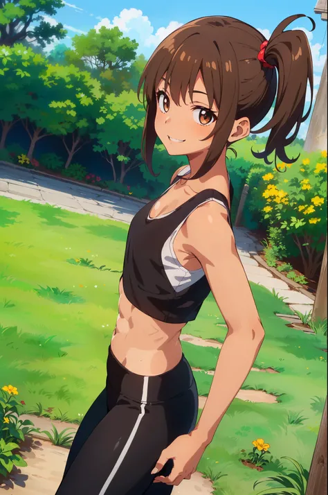 masterpiece, best quality, ultra detailed, ultra high resolution, very detailed face, (((solo))), ((anime)), ((from below angle:1.2)), (((junior high school girl))), (tanned skin:1.3), ((black yoga pants)), ((tanktop, croptop)), ((brown short hair, side po...