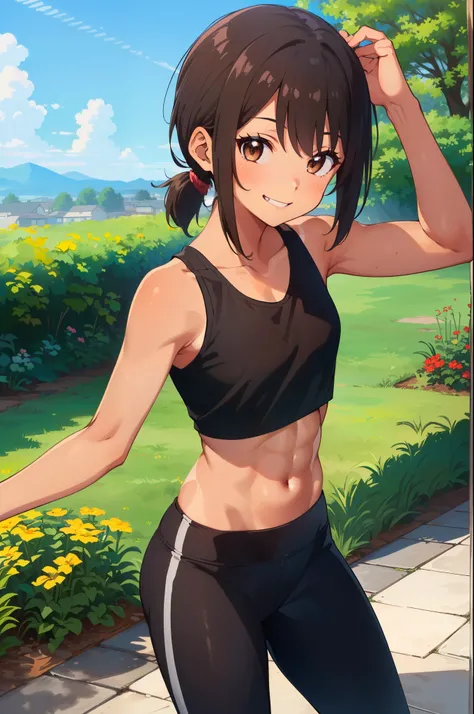 masterpiece, best quality, ultra detailed, ultra high resolution, very detailed face, (((solo))), ((anime)), (((junior high school girl))), (tanned skin:1.3), ((tanktop, croptop)), ((black yoga pants)), ((brown short hair, side ponytail)), ((smile)), ((sma...