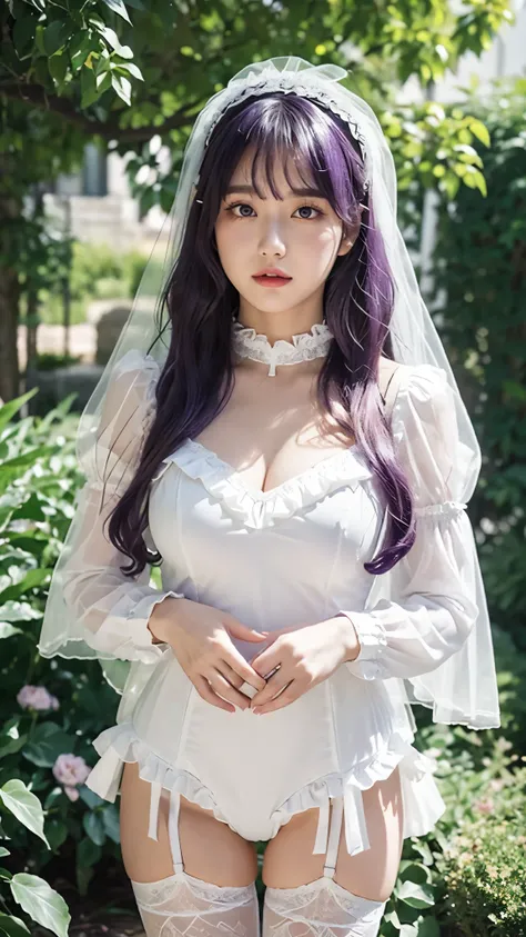 OverallDetailXL, MythAn1m3, petal rain, in garden, 1 girl, hinata huyga, purple hair, Fringe, purple eyes, empty eyes, konohagakure symbol, headband around neck, large breast, 
ruanyi0618,bridal veil,frills,frilled sleeves,long sleeves,white leotard,white ...