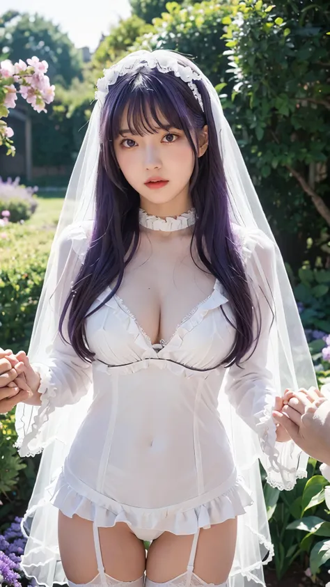 OverallDetailXL, MythAn1m3, petal rain, in garden, 1 girl, hinata huyga, purple hair, Fringe, purple eyes, empty eyes, konohagakure symbol, headband around neck, large breast, 
ruanyi0618,bridal veil,frills,frilled sleeves,long sleeves,white leotard,white ...