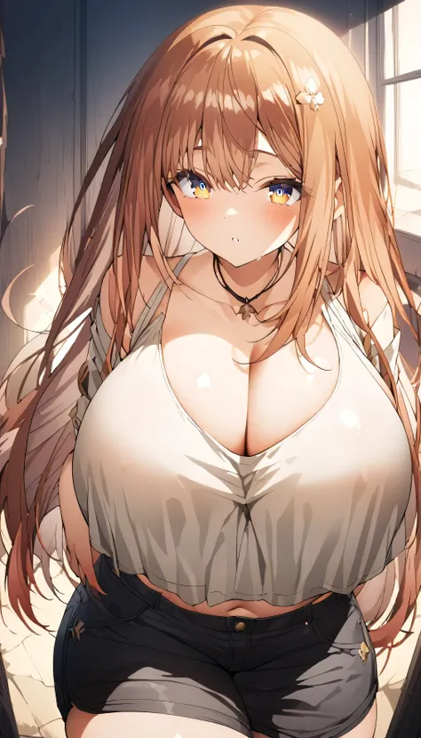 Anime illustration、alone,(Beautiful Skin、Large Breasts)、(Perfect Eyes, Highest quality:1.2),Big and voluptuous breasts,Highest quality、Perfect Proportions, Border Shirt、Shorts、(Big Breasts)、((Beautiful Skin、Beautiful Skin、Shiny Hair, Glowing Skin)),1000+ F...