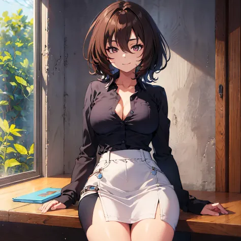 (solo), Agnes Tachyon, uma-musume, brown short hair, brown tail, BREAK, (skinny), (long skinny legs:1.3), (large breasts), skinny small hip, skinny thighs, BREAK, (unbuttoned black collared shirts:1.2), cleavage, tight-fit pencil skirt, BREAK, forced smile...