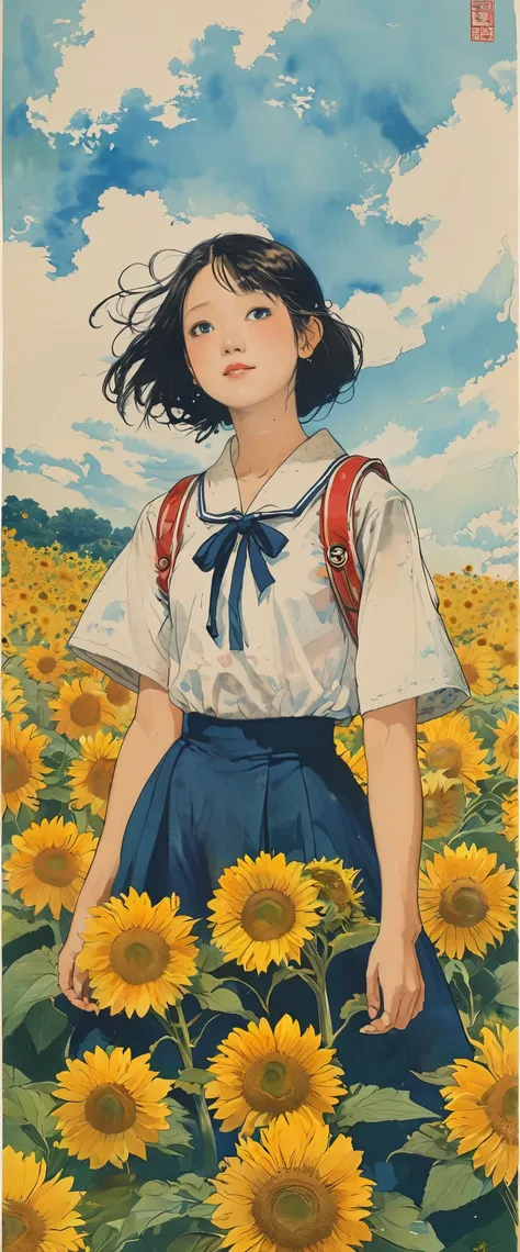 style of Kawanabe Kyosai, Asian、Girl、high school student、uniform、Sunflower field、Clear skies、cumulonimbus、