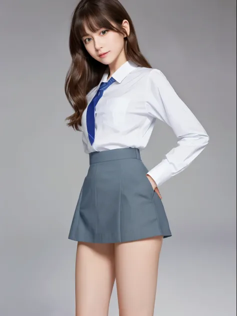 (8k, Top quality, Masterpiece:1.2), (Realistic, photo-realistic:1.37), Super detailed, perfect anatomy, cute, small eyes, 1, a Japanese, girl, school skirt, slim legs, white shirt,