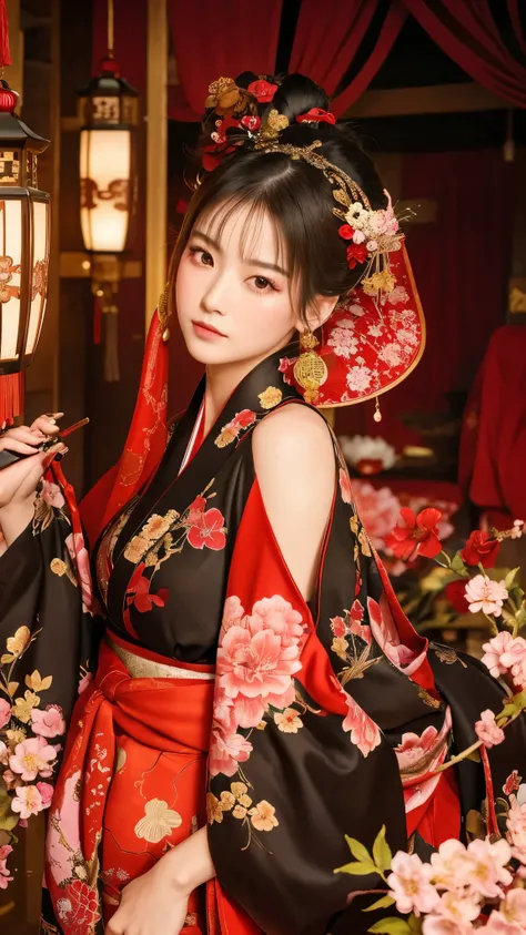 "Create a hyper-realistic and dramatic scene in 1080x1920 resolution featuring a traditional Japanese courtesan (Oiran) in a luxurious setting. The courtesan should be dressed in an elaborate kimono with intricate patterns, including red, gold, and black c...