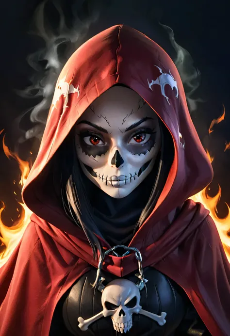 (highres:1.2), woman,wearing a black flag as a cloak,hooded face with intense mystery,skull designs etched all over her exposed skin,revealing only half of her face,subtle lighting creates a low-key atmosphere,dark eyes with a reddish reflection,adding to ...