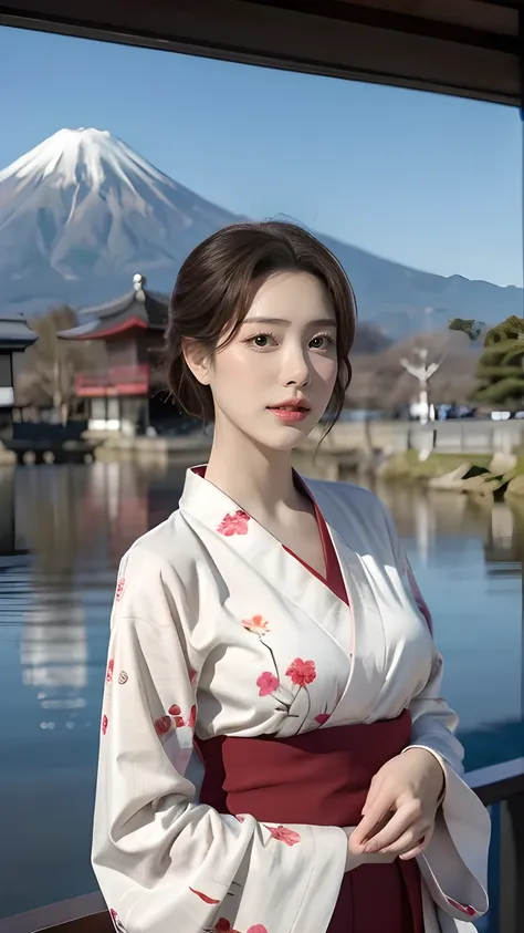 create a photorealistic illustration featuring a mature woman with a japanese hairstyle, standing gracefully under a cherry tree...