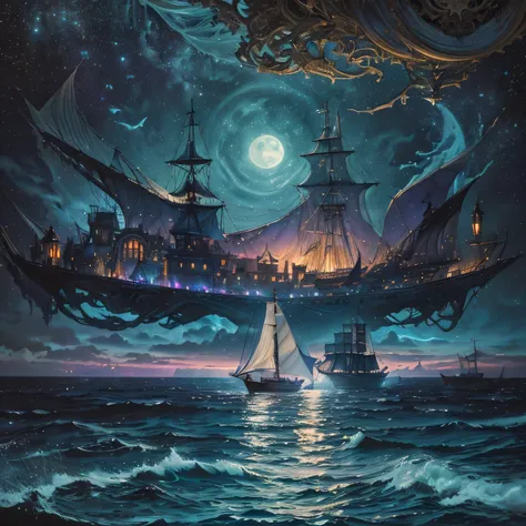 painting of a boat in the water with people on it, a surrealist painting inspired by gaston bussiere, shutterstock, gothic art, moonlit purple sky, moonlit backdrop, mystical night, victorian harbour night, dream scenery art, deep dark purple waters, baroq...