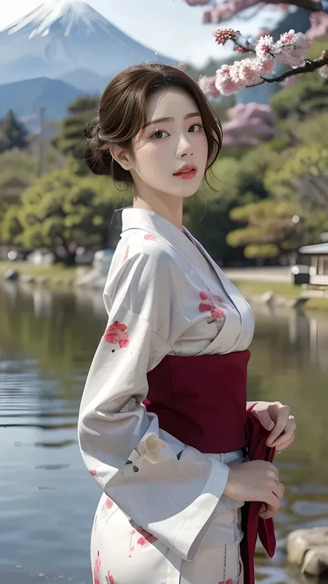 Create a photorealistic illustration featuring a mature woman with a Japanese hairstyle, standing gracefully under a cherry tree in Kyoto with Mount Fuji visible in the background. She has broad shoulders and is wearing a beautiful, detailed, long-sleeved ...