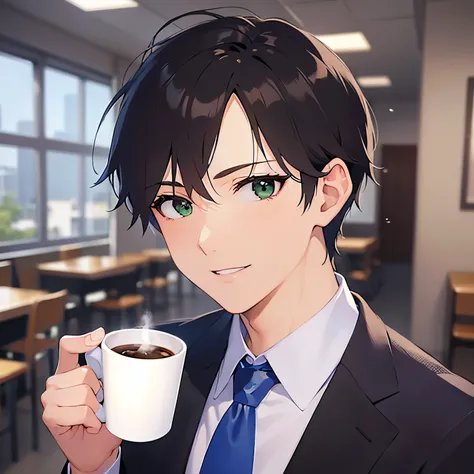 upper body,shiny skin,(looking away:1.5),masterpiece,Highest quality,(Male 2:1.5) and (Brown short hair) and (Green Eyes), (Wearing a suit:1.3) and (Blue tie),smile,The background is the company break room.,(Alone:1.5),(Holding a coffee cup),(Biologically ...