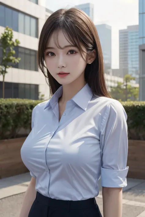 One Girl, 1 person,Highest quality,High resolution,超High resolution,8k,Realistic,Upper Body,encounter_audience,Large Breasts, the body is slim,(business shirt:1.2)