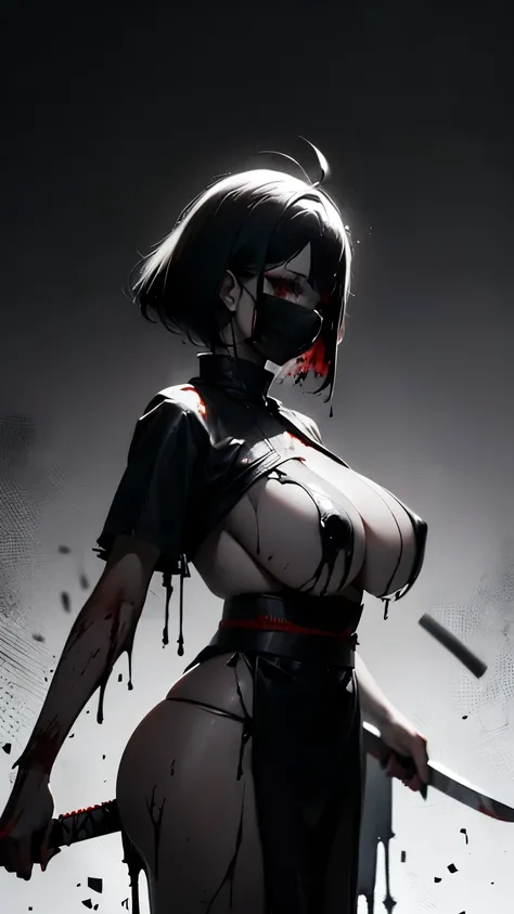  simple background, monochrome, horror (theme) there is a broken picture, black paint splatted, red blood splatted, smoked, red blood  (((anime girl character))), big boobies, wearing a mask, (((she is holding a bloody samurai sword))), messy bob hair styl...