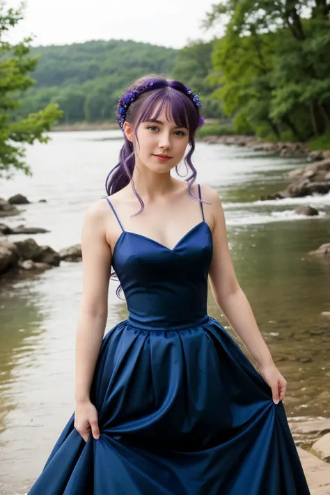 ((best quality)), ((masterpiece)), (detailed), anime 1 girl, purple hair, blue eyes, with water magic wearing a ballgown