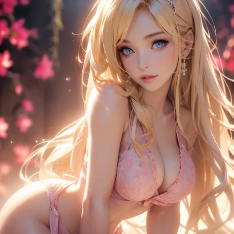 (Best Quality), (Ultra Detailed), (Photorealistic:1.37), 1 Female, Sensual Expression, Elegant Makeup, Long Blonde Hair, Seductive Eyes, Bright Lips, Sexy Pose, (Beautiful Face Detailed:1.0), Smiling, Feminine Focus, Tank Top, Tight T-shirt, Bare Shoulders...