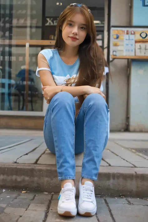 Beautiful 1 college girl in light blue jeans, chompa, wears loose brown hair, coquette, White shoes  